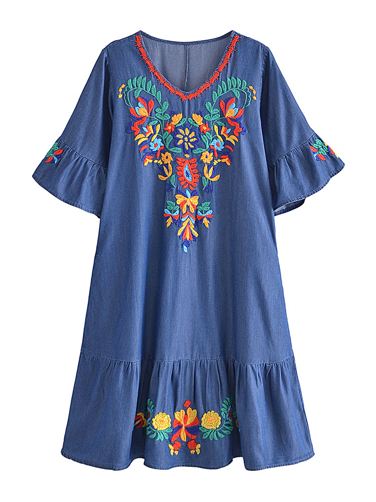 Vintage Chic Women Floral Embroidery Beach Bohemian Mini Dress Ladies Short Sleeve V-neck Denim Boho Dresses Vestidos alx