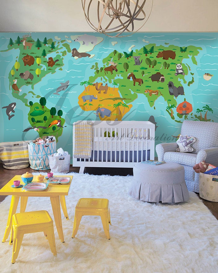 3D Nursery Kids Animals  World Map  Removable Wallpaper