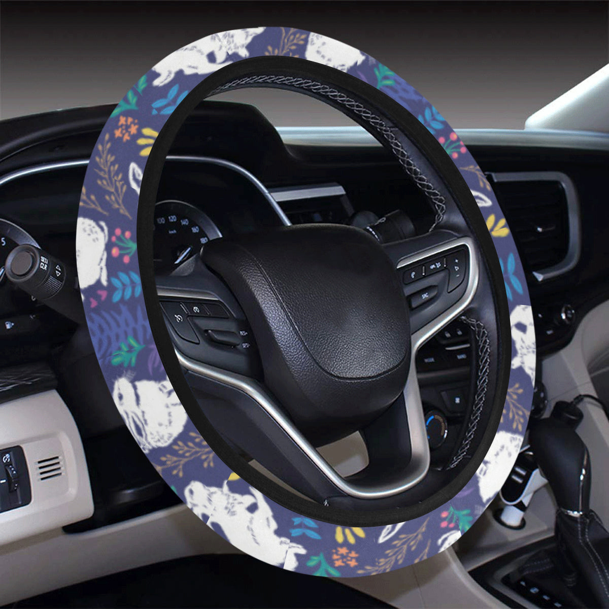 Bunny Pattern Print Design 01 Steering Wheel Cover With Elastic Edge