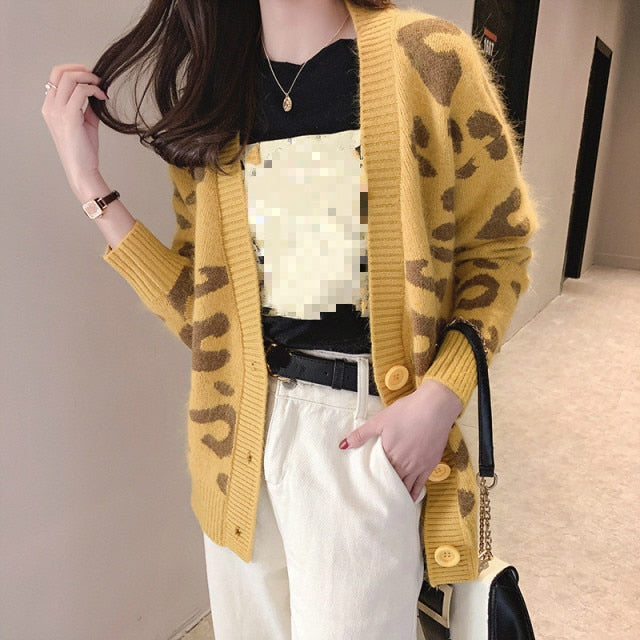 Knitted Leopard V Neck Thick Print Sweaters