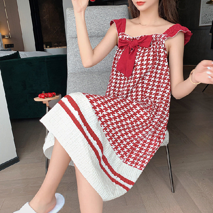 Sweet Bow Nightdress Women New Sexy Cotton Sleepwear Fashion Plaid Nightgowns Female Loose Nightwear Dress Night Shirt alx