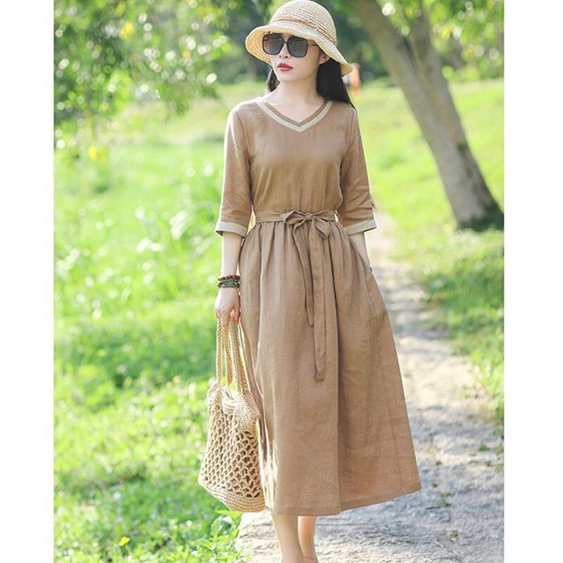 2022 New Arrival Korea Style Spring Summer Outdoor Women Chic Travel Casual Dress Cotton Linen Sashes Office Lady Work Dress alx