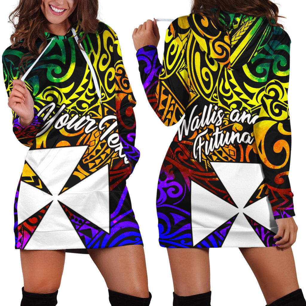 Wallis and Futuna Custom Personalised Hoodie Dress – Rainbow Polynesian Pattern – BN11