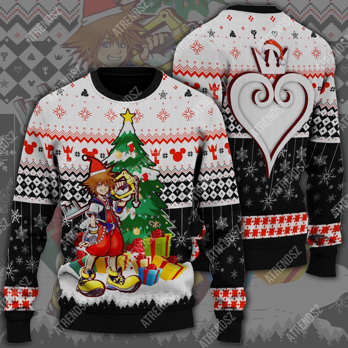 Unifinz Kingdom Hearts Ugly Sweater Sora Christmas Tree Black White Sweater 2022