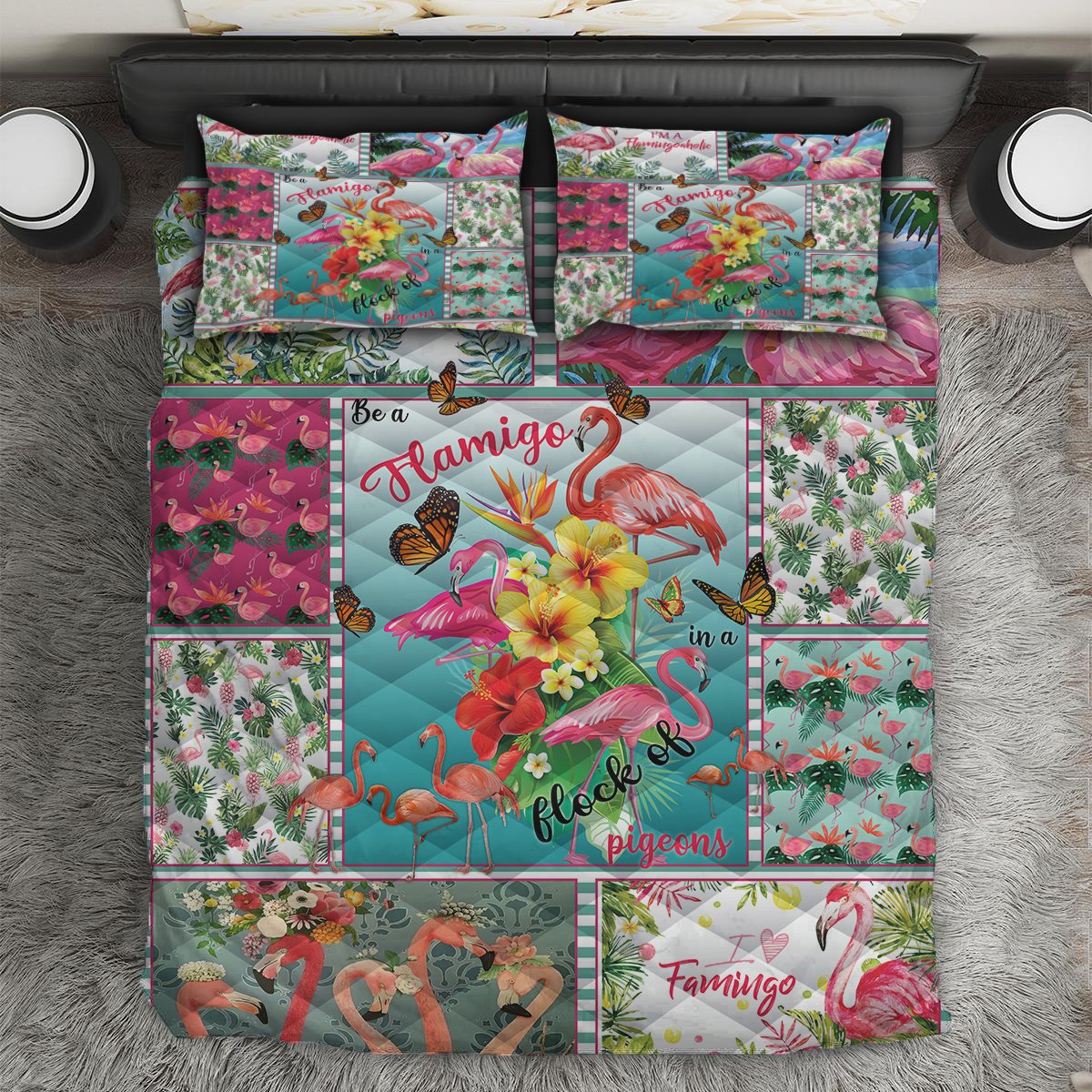 ViticStore™ flamingo- turquoise- soft microfleece fabric all size quilt blanket