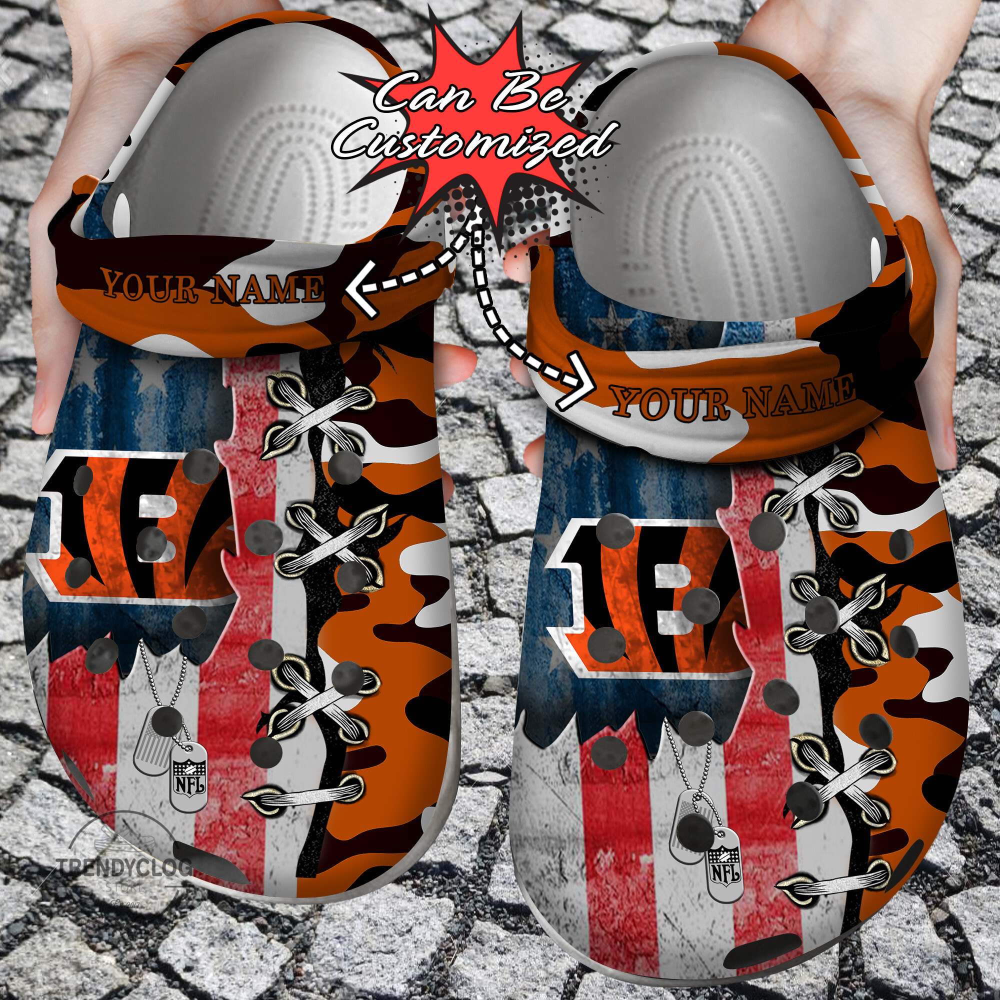 Football Crocs – Personalized Us Flag C.Bengals Cross Stitch Camo Pattern Clog Shoes