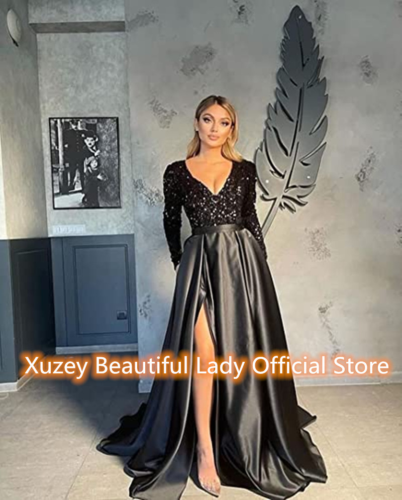 2022Long Sleeve Prom Dresses with Slit Sequin Satin Evening Gowns Vestidos Elegantes De Mujer Para Fiesta Women’s Formal Robe alx