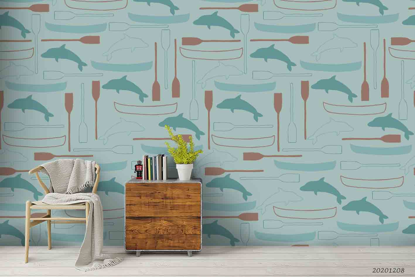 3D Hand Drawn Ocean Dolphin Boat Pattern Wall Mural Wallpaper Lxl