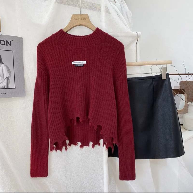 Cropped Knitted Pullover Top Irregular Hem Blue Sweater Turtleneck Long Sleeves Warm Knitted Bottoming Shirt Women’s Outerwear alx