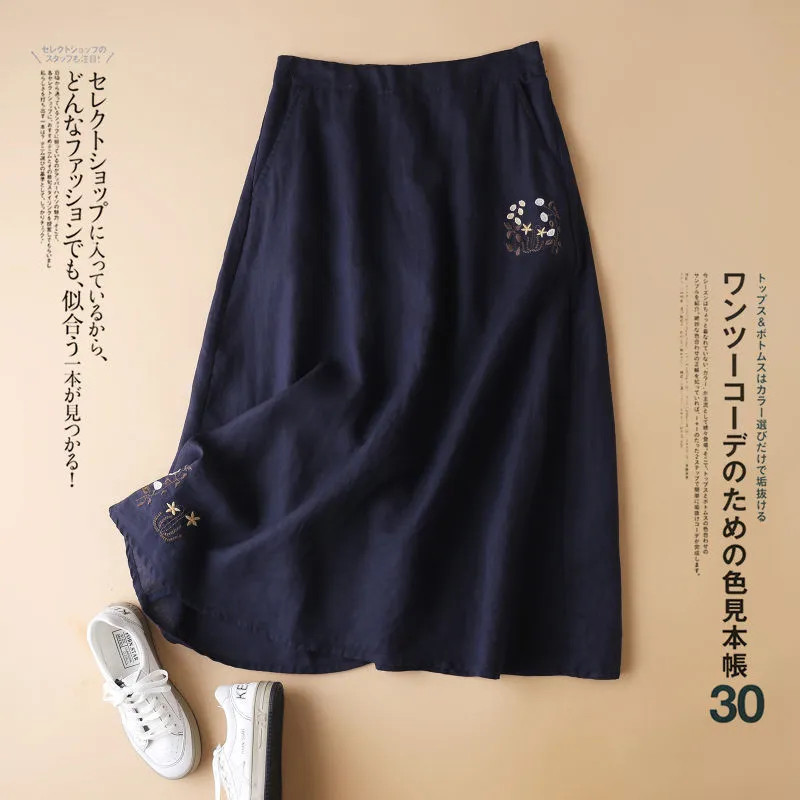 Thin cotton and linen embroidered skirt women’s summer new fashion high waist loose large swing literary casual A-line skirt alx