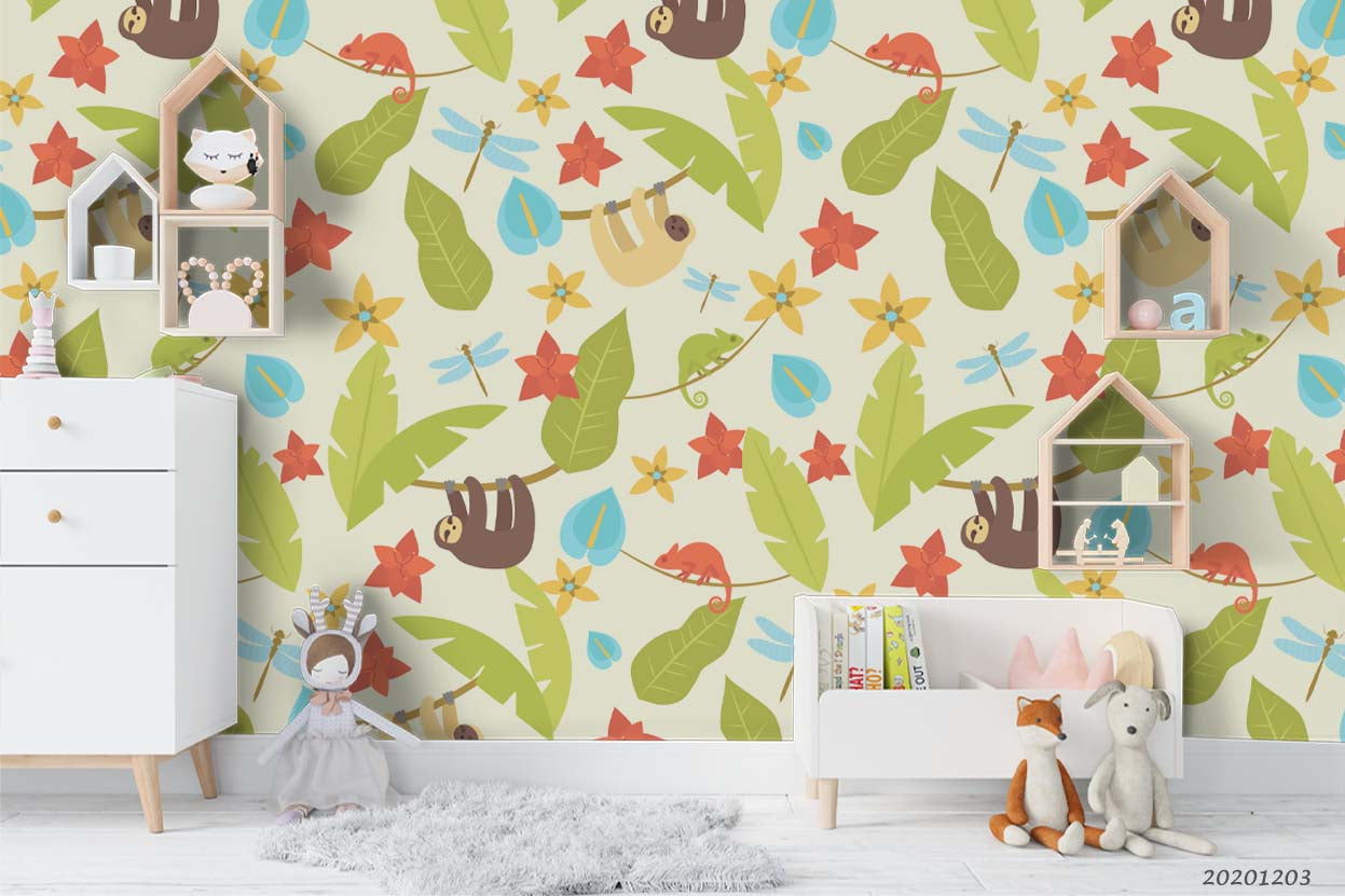 3D Cartoon Sloth Animal Colorful Floral Plant Wall Mural Wallpaper Lxl