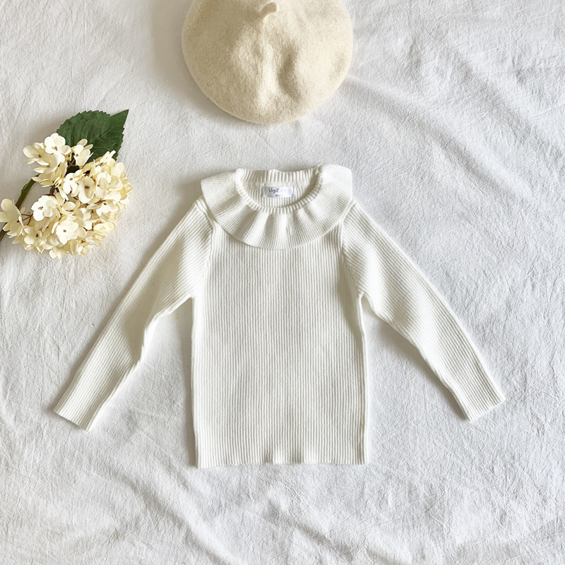 Spring Autumn Ribbed Baby Girls Sweater Ruffle Collar Princess Girls Knitted Pullover Kids Basic Sweater alx