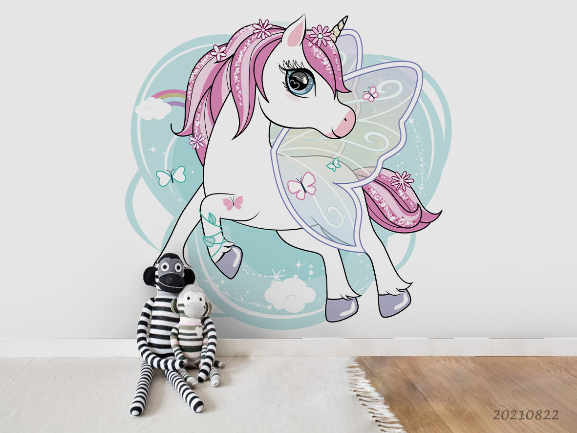 3D Cartoon Animal Unicorn White Wall Mural Wallpaper Lqh 425