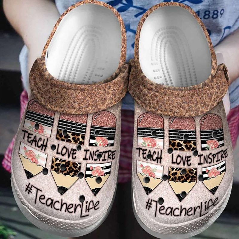 Teacher Life Teach Love Inspire Gifts For Crayon Pencil clog Shoes Comfy Footwear