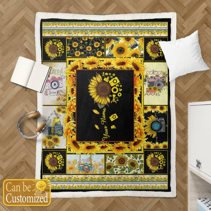 Camera Photography Sunflower Sherpa Blanket Custom Personalize Name