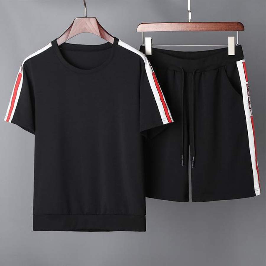 Summer Men Tracksuit Short Sleeve T shirt Shorts Two Piece  Men Pure color side printing Sportswear Set