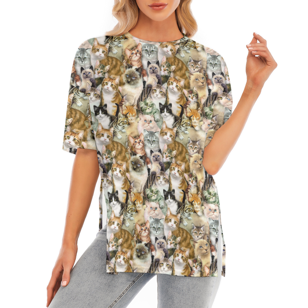 All Over Print Cute Kitten Short Sleeve T-Shirt With Hem Split