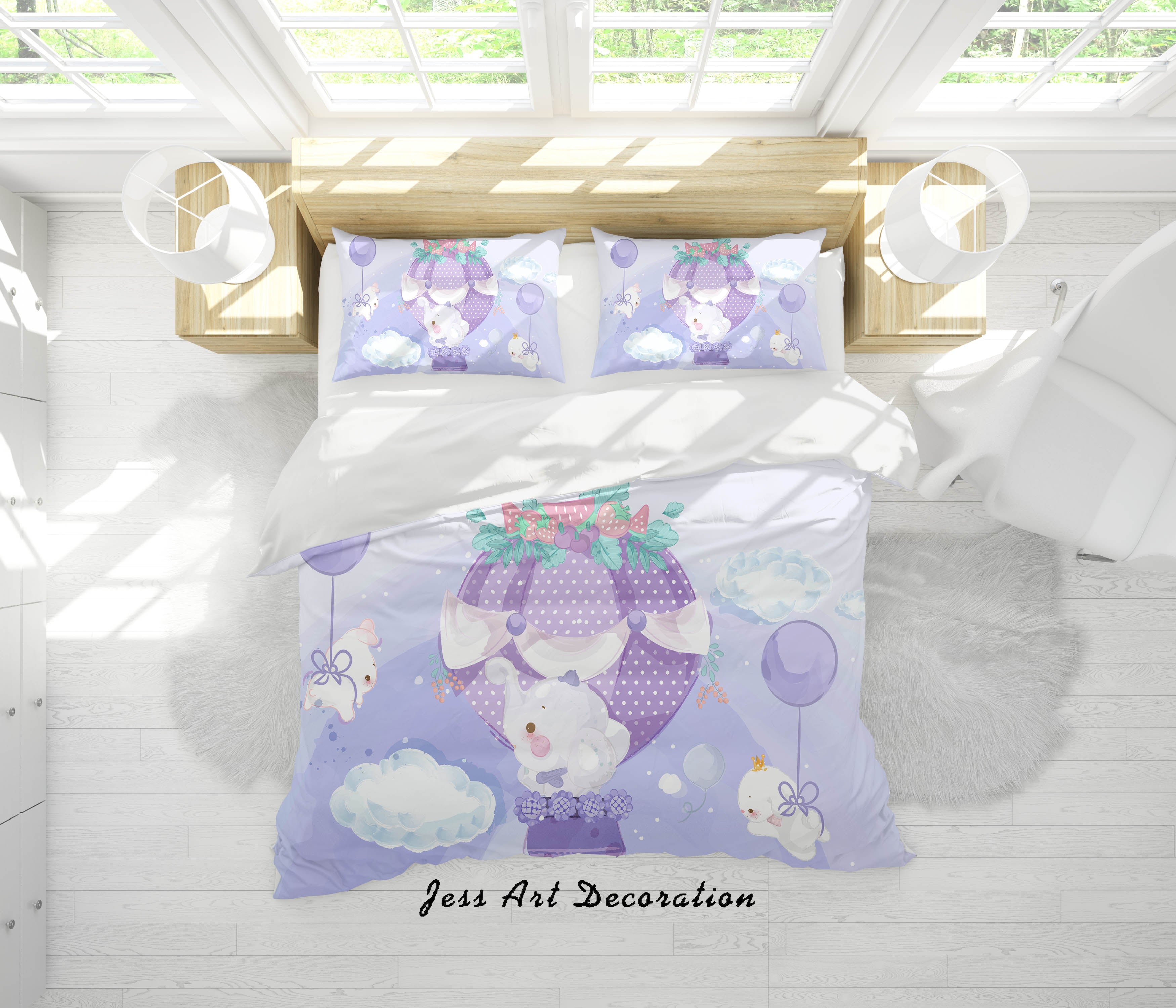 3D Cartoon Purple Animal Hot Air Balloon Quilt Cover Set Bedding Set Duvet Cover Pillowcases A335 Lqh