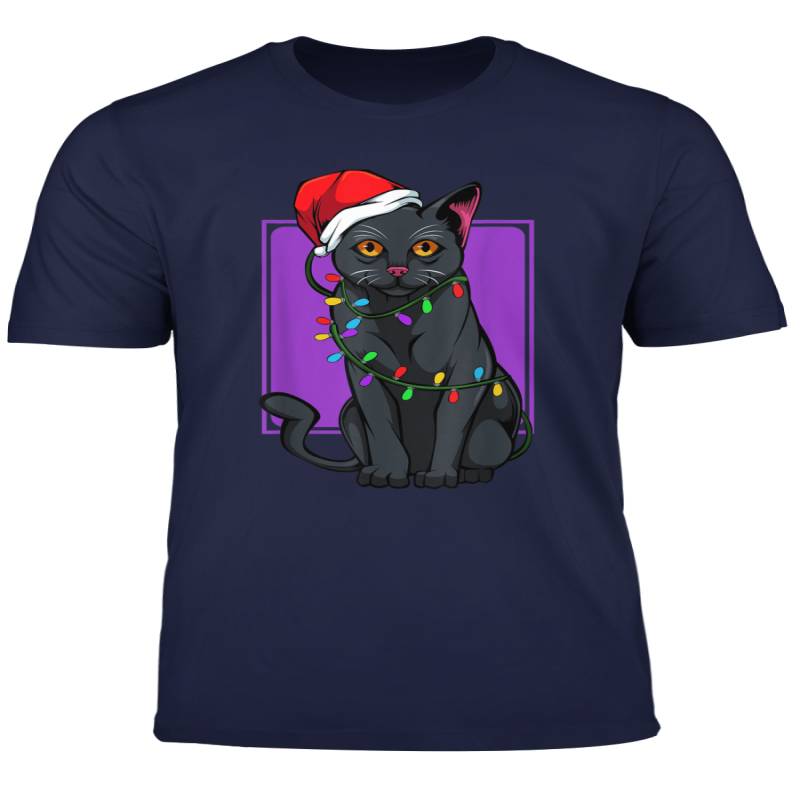 Santa Black Cat Christmas Tree Lights Funny Animal Lover T Shirt