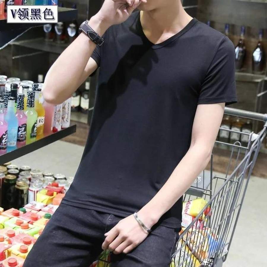 Summer Cotton T shirt men’s casual short sleeve V-neck T-shirts black gray green white