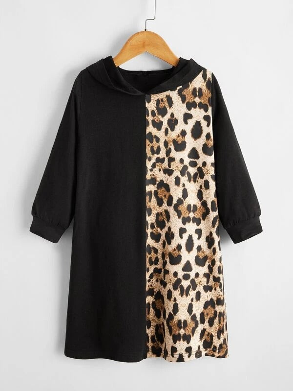 Toddler Girls Leopard Panel Hooded Sweatshirt Dress