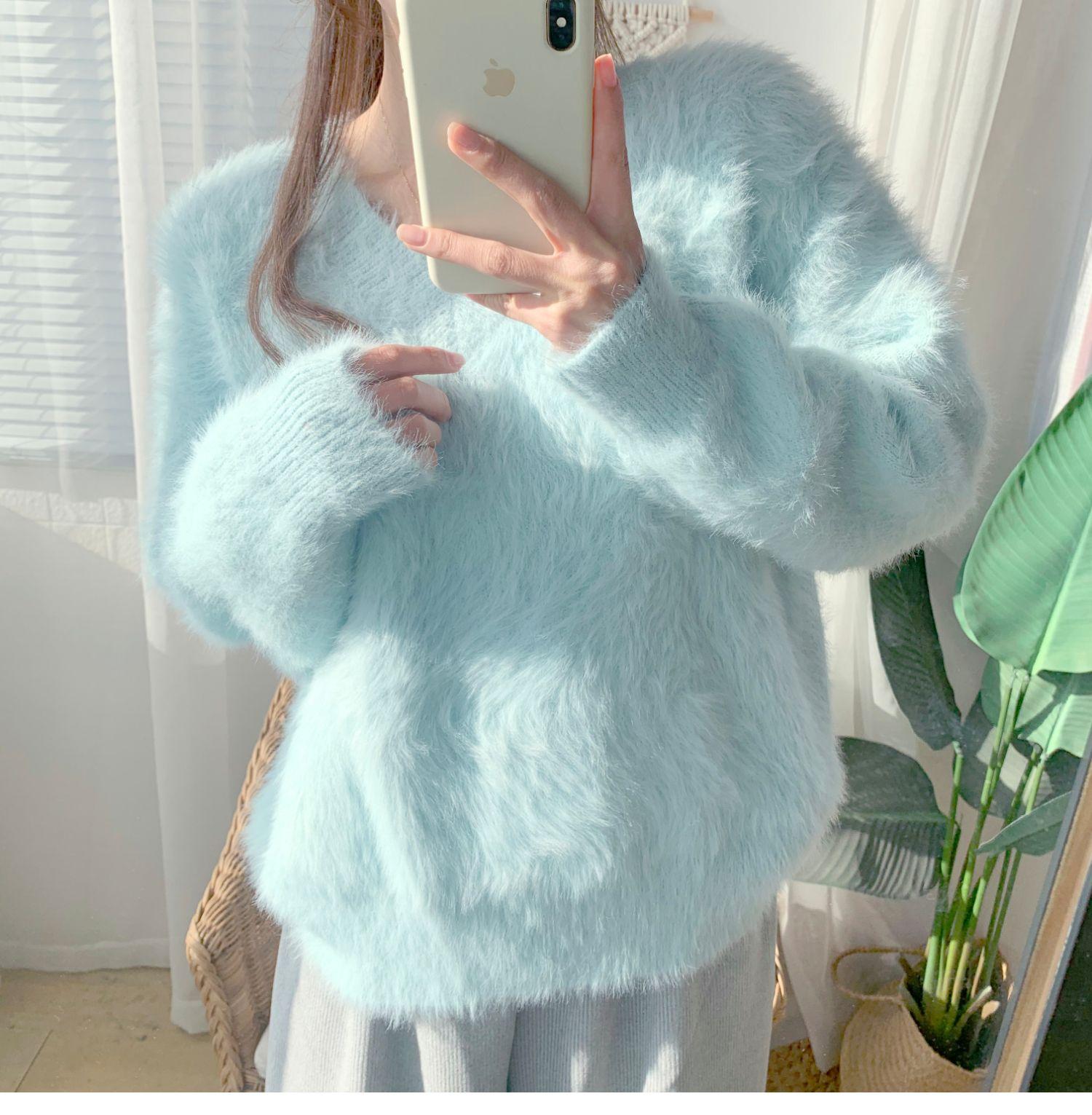 Women’s Faux Mink Fur Pullover V Neck Sweater Autumn Winter Long Sleeve Loose Jumper Lady Solid Color Hairy Knitting Top alx