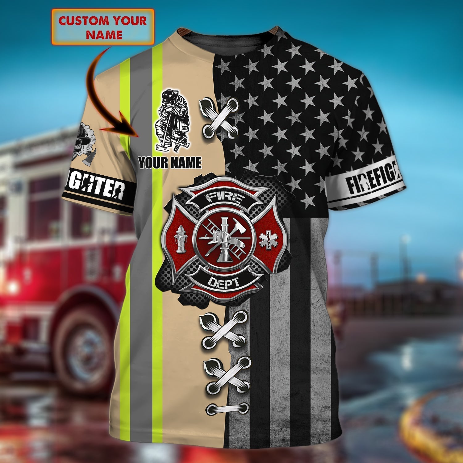 Custom With Name Firefighter Full Printed Shirt Usa Flag Background, Be Proud Fire Man 3D Tee Shirt