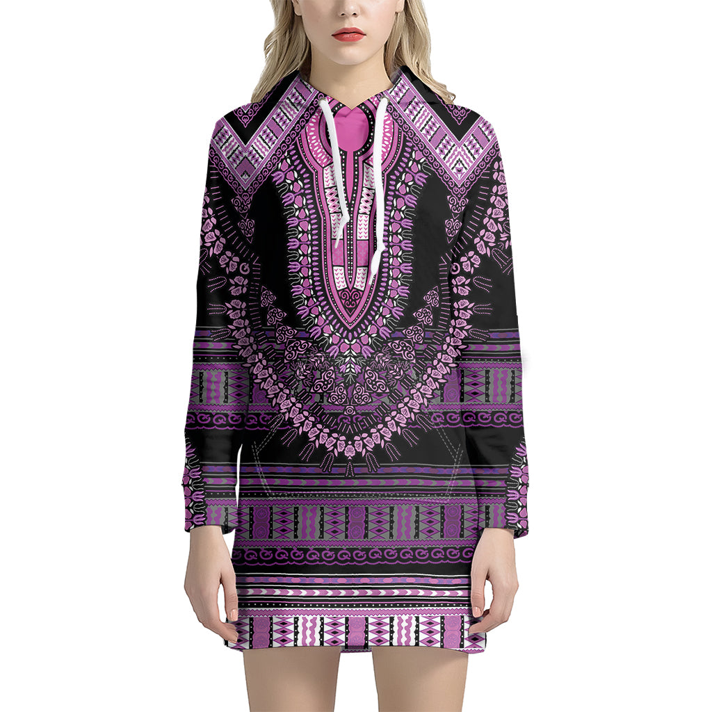 Purple And Black African Dashiki Print Women’S Pullover Hoodie Dress