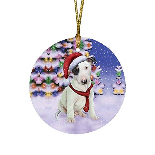 Winterland Wonderland Bull Terrier Puppy Dog In Christmas Holiday Scenic Background Round Ornament