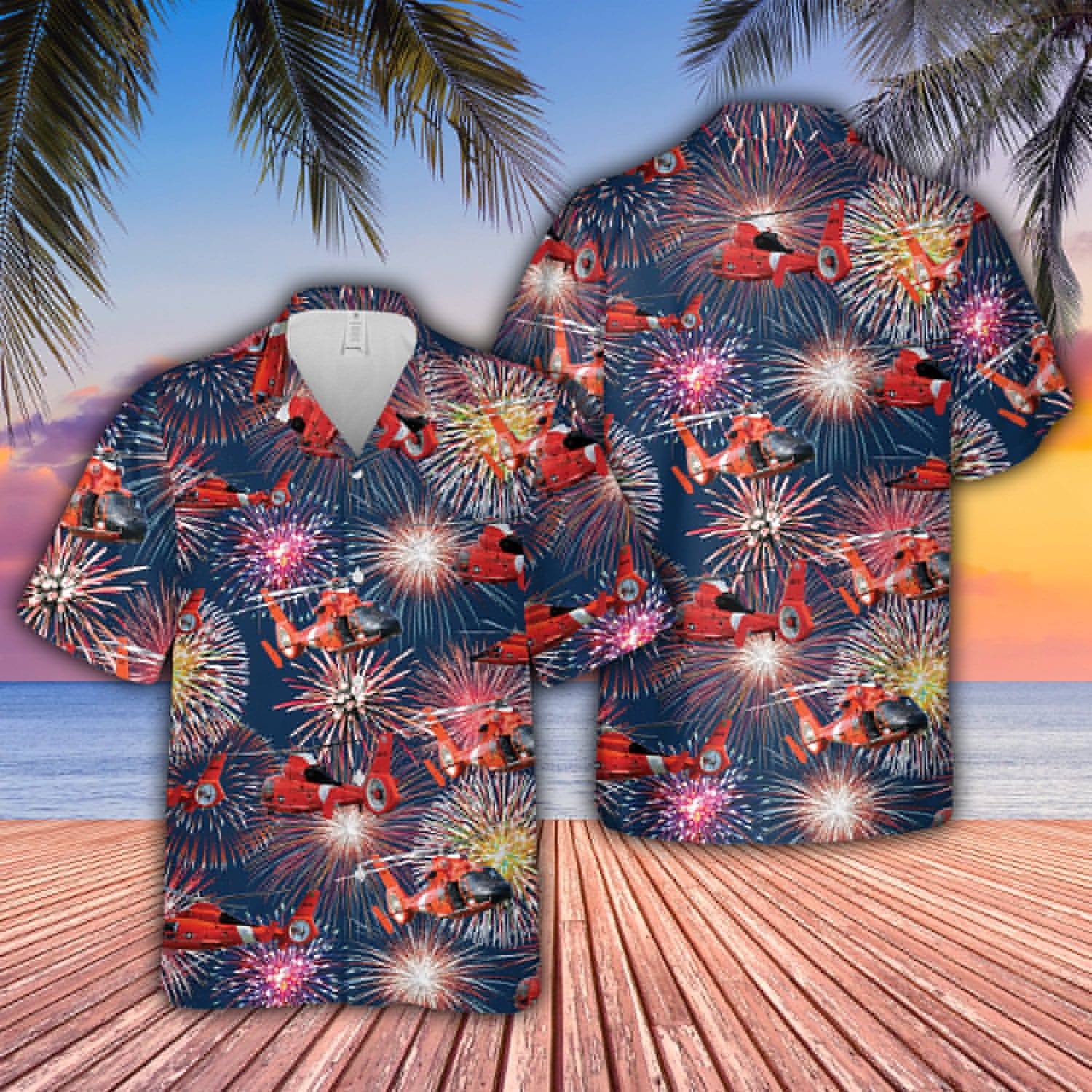 Hawaiian Aloha Shirts Coast Guard Eurocopter Mh-65 Dolphin Helicopter Fireworks 1721V