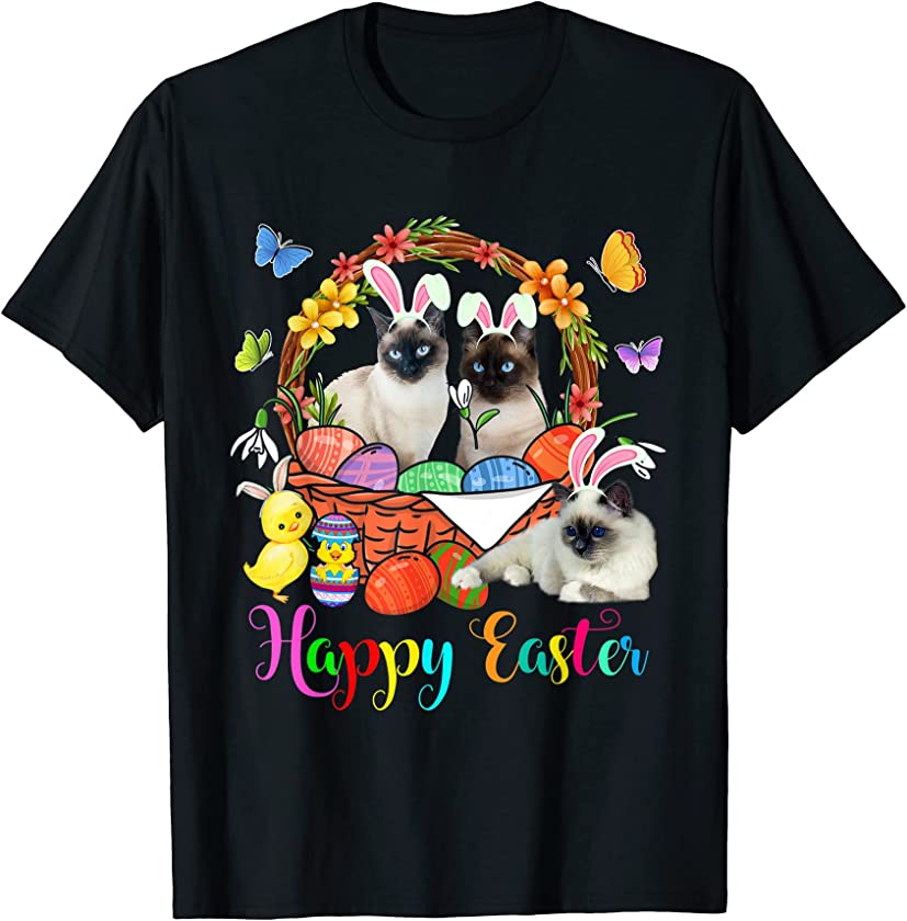 Three Bunny Siamese Cats In Easter Eggs Basket T-Shirt