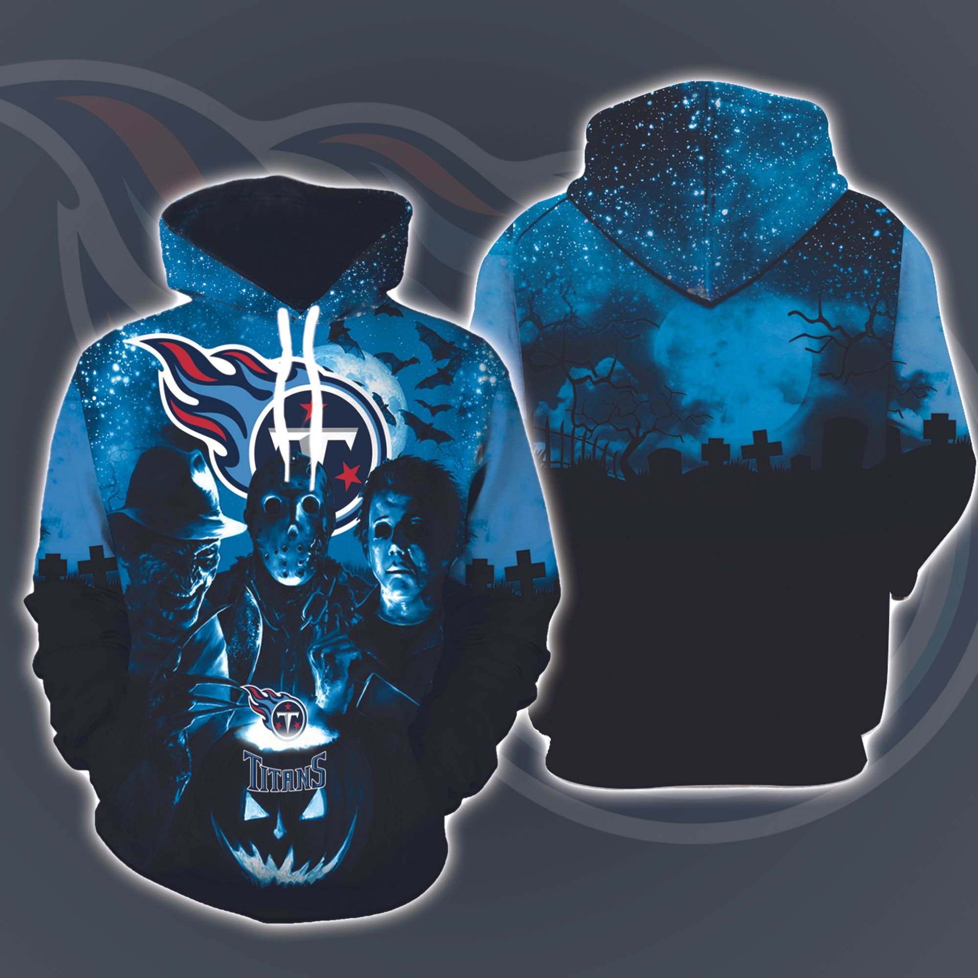 Tennessee Titans Halloween and Michael Myers, Jason Voorhees, Freddy Krueger 3D Printed Hoodie