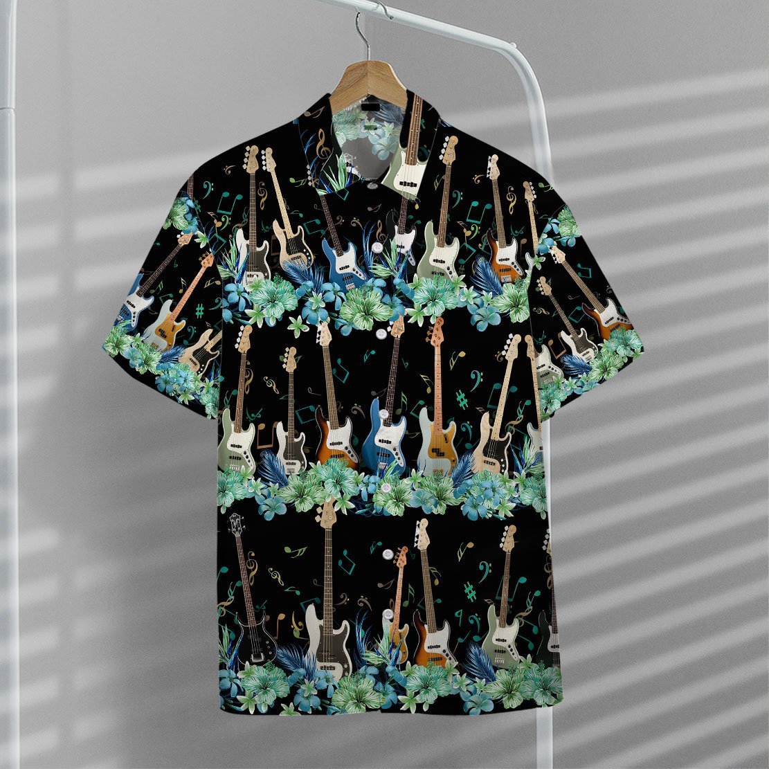 Tropical Bass Guitar Flowers Hawaiian Unisex Print Aloha Short Sleeve Casual Shirt Ha61382