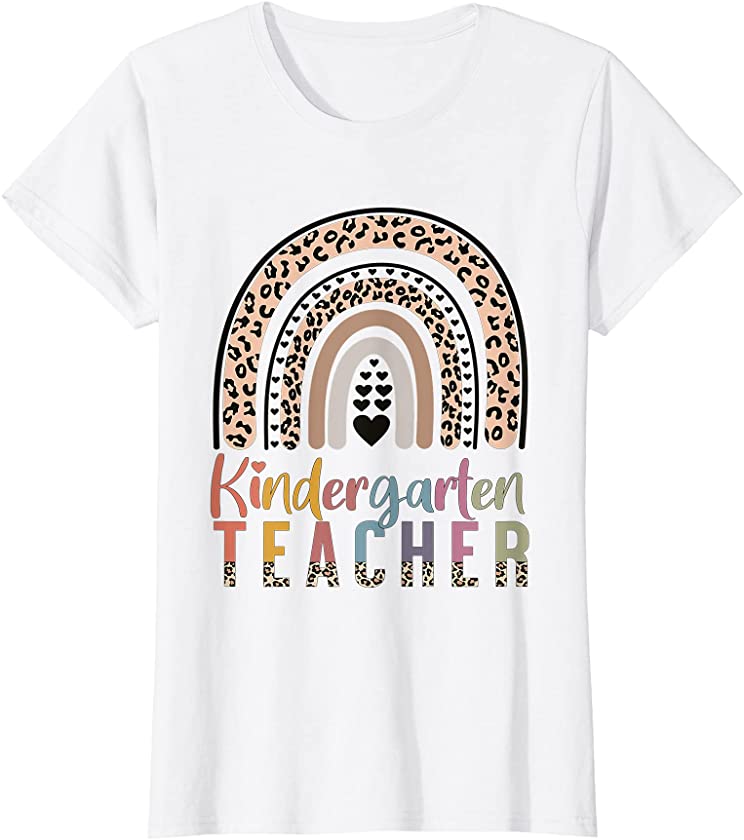 Womens Funny kindergarten teacher leopard rainbow T-Shirt