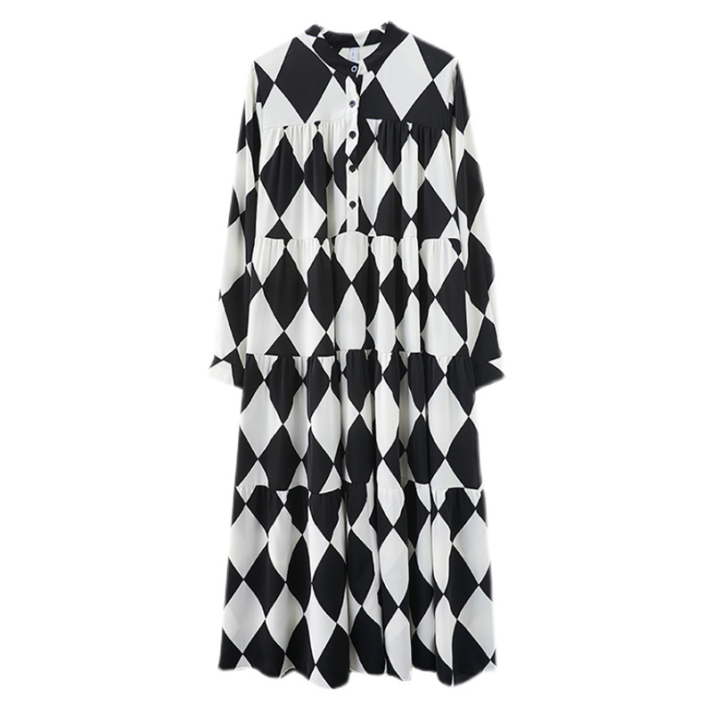 Black White Plaid Print Dresses For Women Long Sleeve Loose Casual Vintage Shirt Dress Fashion Elegant Clothing Autumn 2021 alx