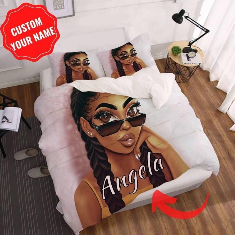 Personalized Godzigod African Black Girl With Glasses Afro Hairstyle Duvet Quilt Bedding Set