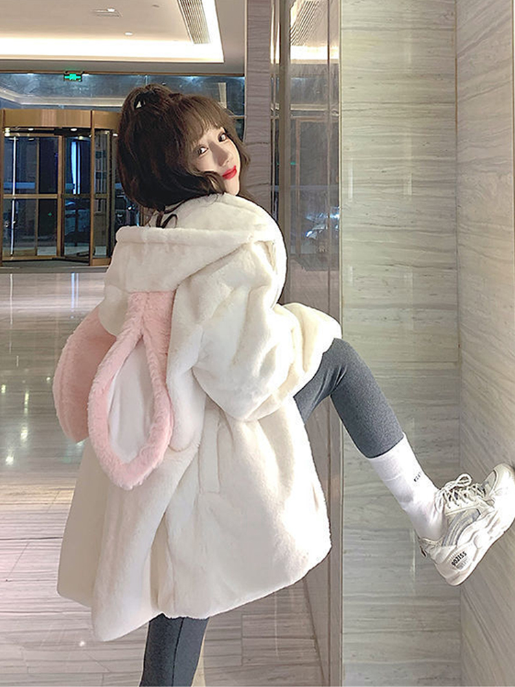 Zip Up Hoodie Korean Fashion Pink Cardigan Winter Women’s Clothes Harajuku Cute Bunny Loose Coat Hooded Oversized Plush Thick alx