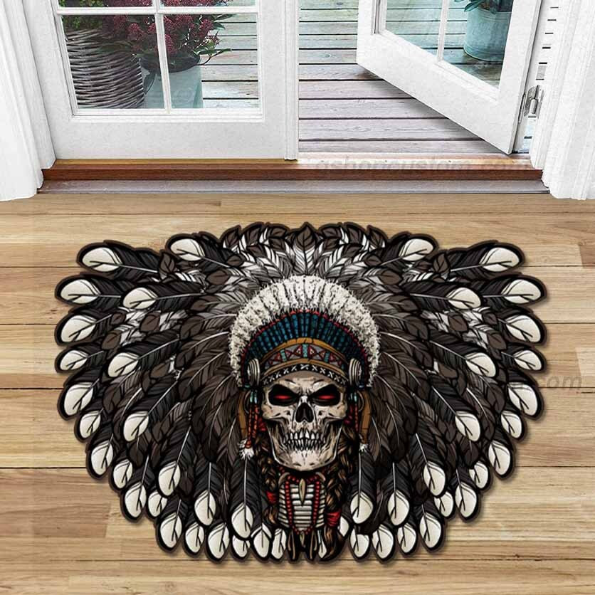 Native Skull Tattoo Indian Warrior Shaped Doormat Rug – Native Skull Decor Doormat – Sdm-A009