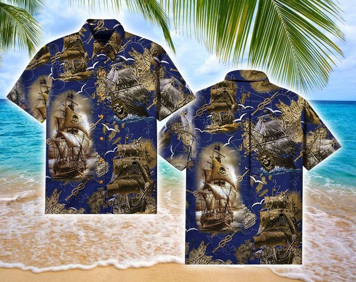 Amazing Pirate Ship Halloween Print Hawaii Aloha Shirts Ha88914