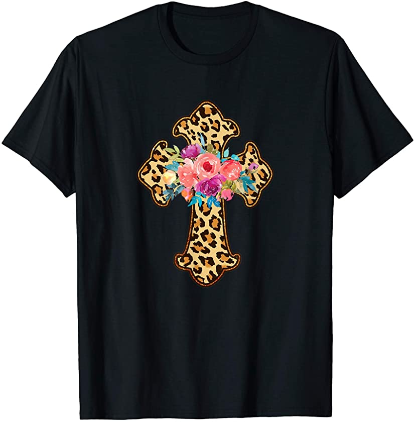 CROSS Jesus Christ Easter Leopard Floral Christian Faith T-Shirt