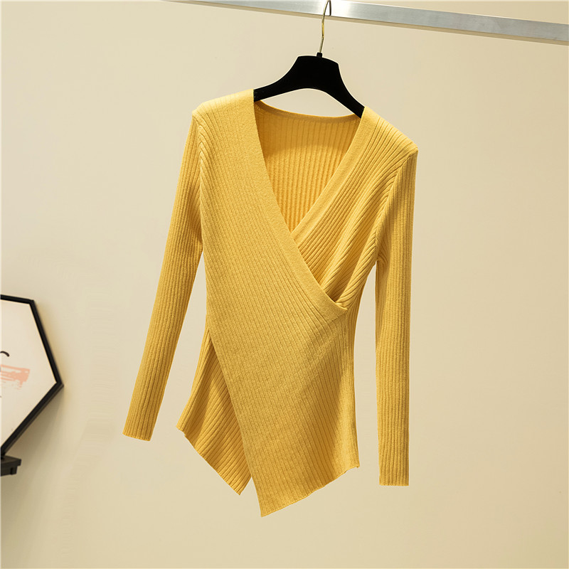 2022 Autumn Pullovers Knitted Sweaters Women Irregular Sexy V-Neck Long Sleeve Winter Clothes Women Korean Chic Knitwear 17281 alx