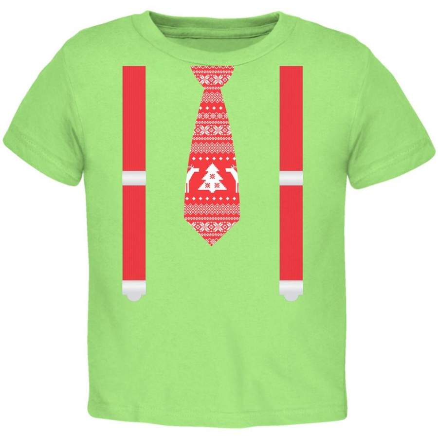 Ugly Christmas Sweater Tie With Suspenders Lime Toddler T-Shirt