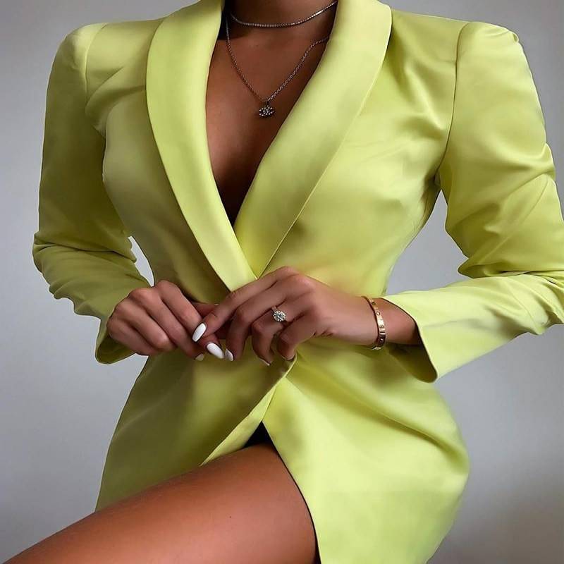 Solid Notched Collar Long Sleeve Blazer Dress