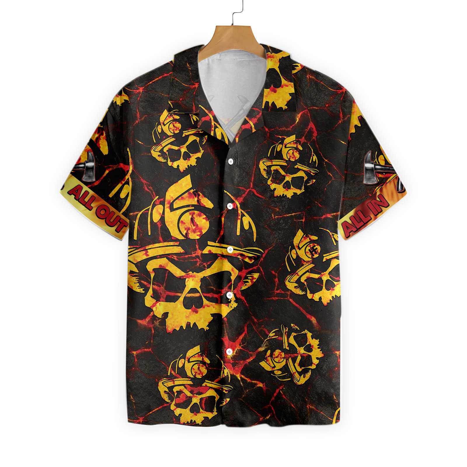 All In Out Axe Firefighter Hawaii Dark Red And Yellow Skull Shirt For Men Ha30751