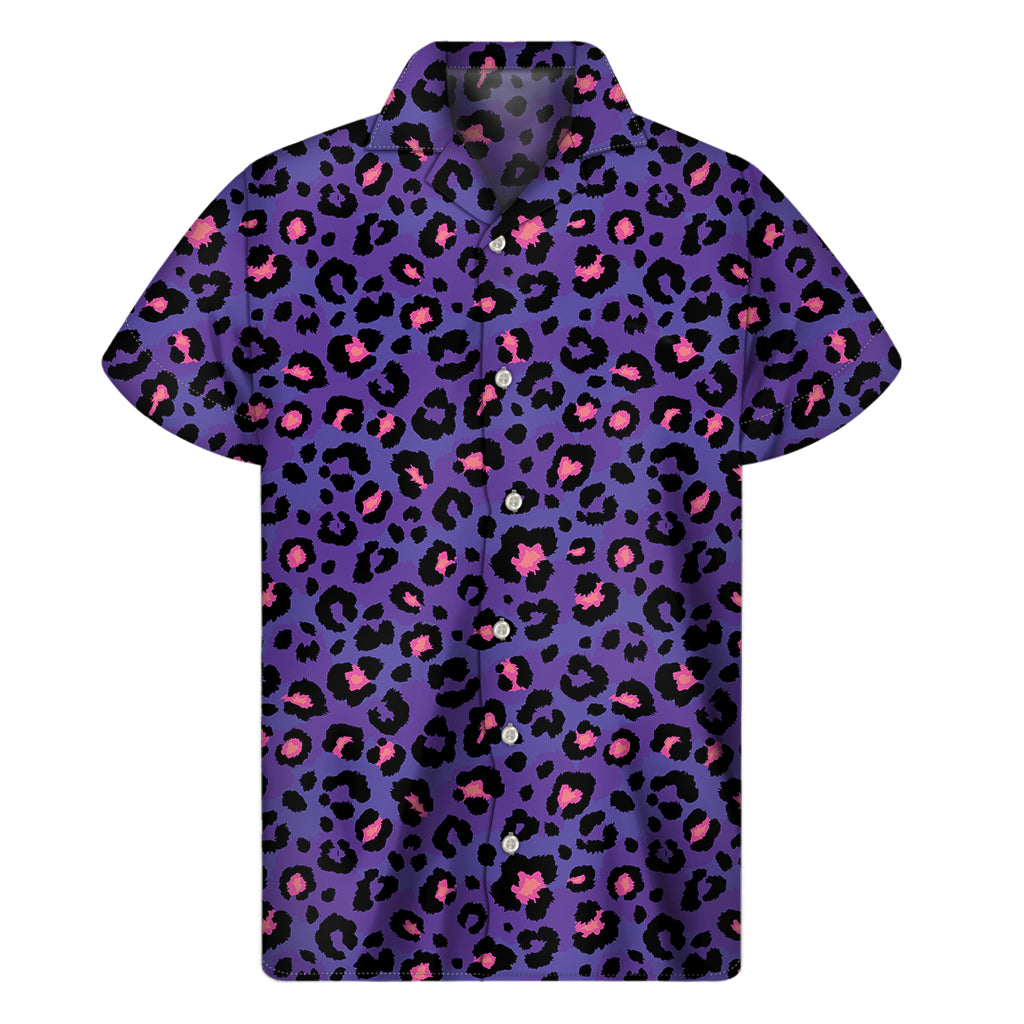 Purple And Pink Leopard Print Men’S Short Sleeve Shirt