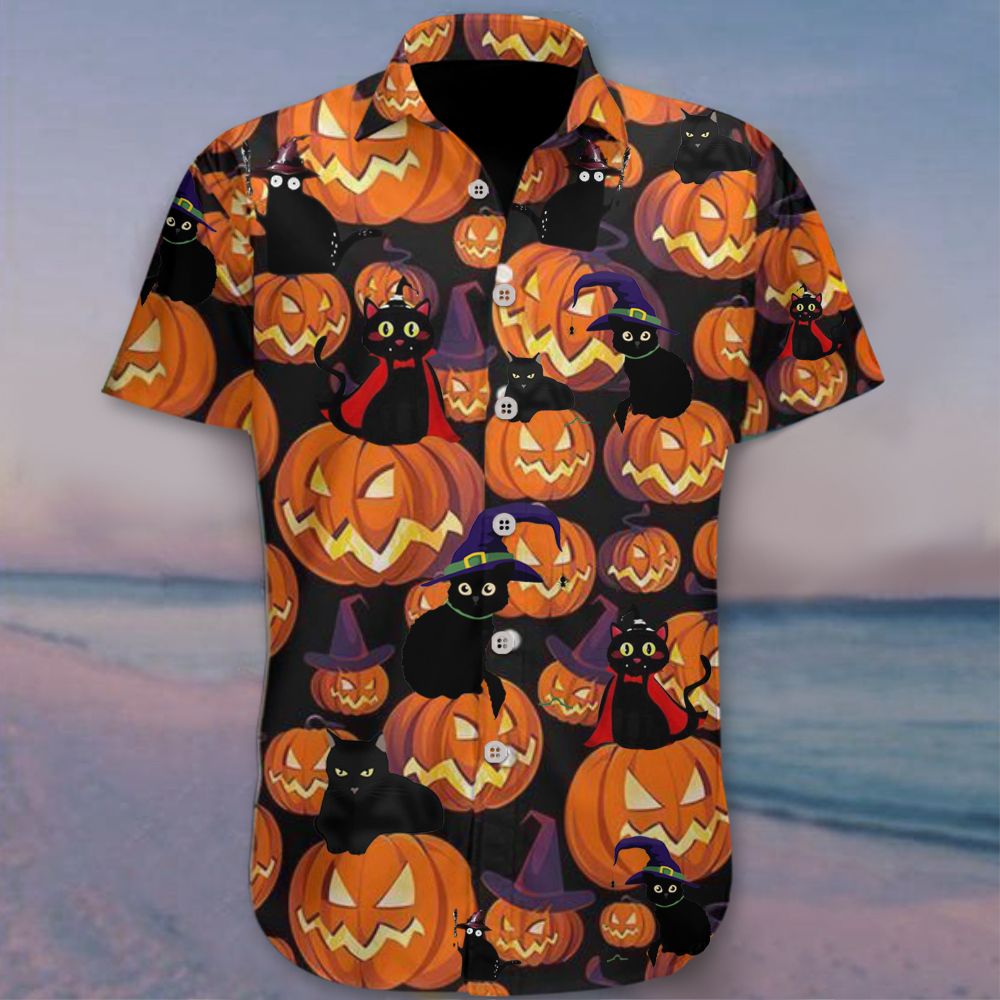 Black Cat Halloween Hawaii Shirt Orange Pumpkin Aloha Themed Gift Ha82151