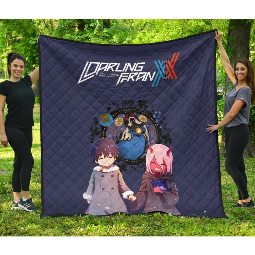 Darling In The Franxx Anime Premium Quilt | Cute Little Hiro And Red Zero Two Holding Hands Zodiac Artwork Quilt Blanket Na082602