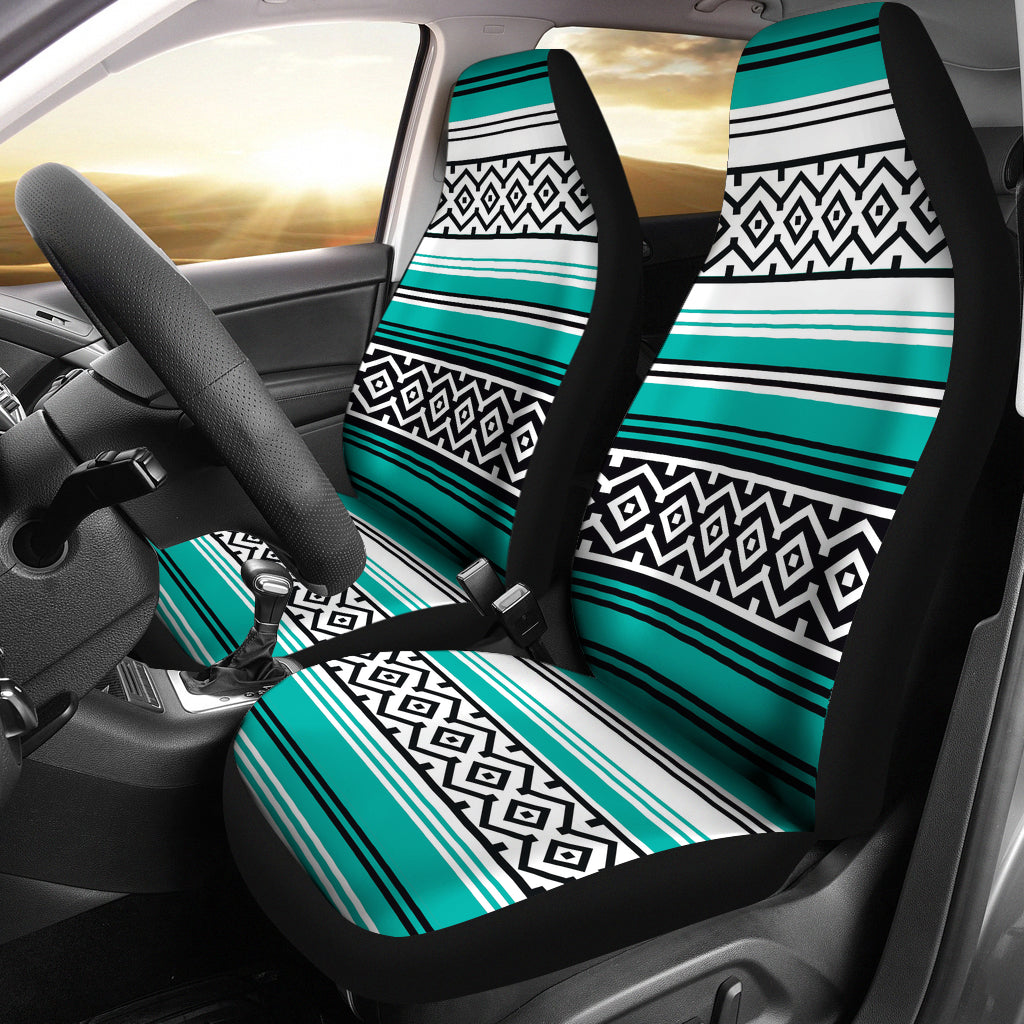 Turquoise Mexican Serape Inspired Pattern Car Seat Covers Turquoise, Black, White