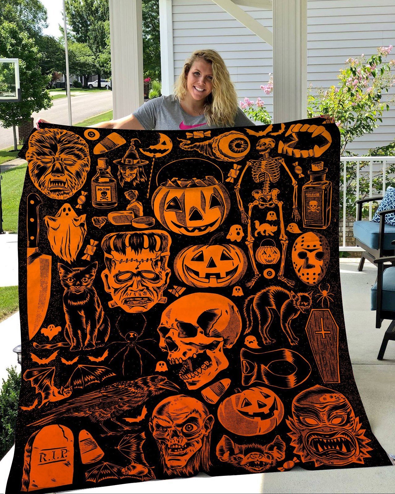 Halloween Pumpkin And Skull Fleece Blanket – Quilt Blanket | Christmas Gift