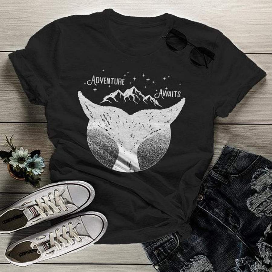 Women’s Whale Hipster T Shirt Mountains Shirt Birds Wanderlust Adventure Awaits Graphic Tee